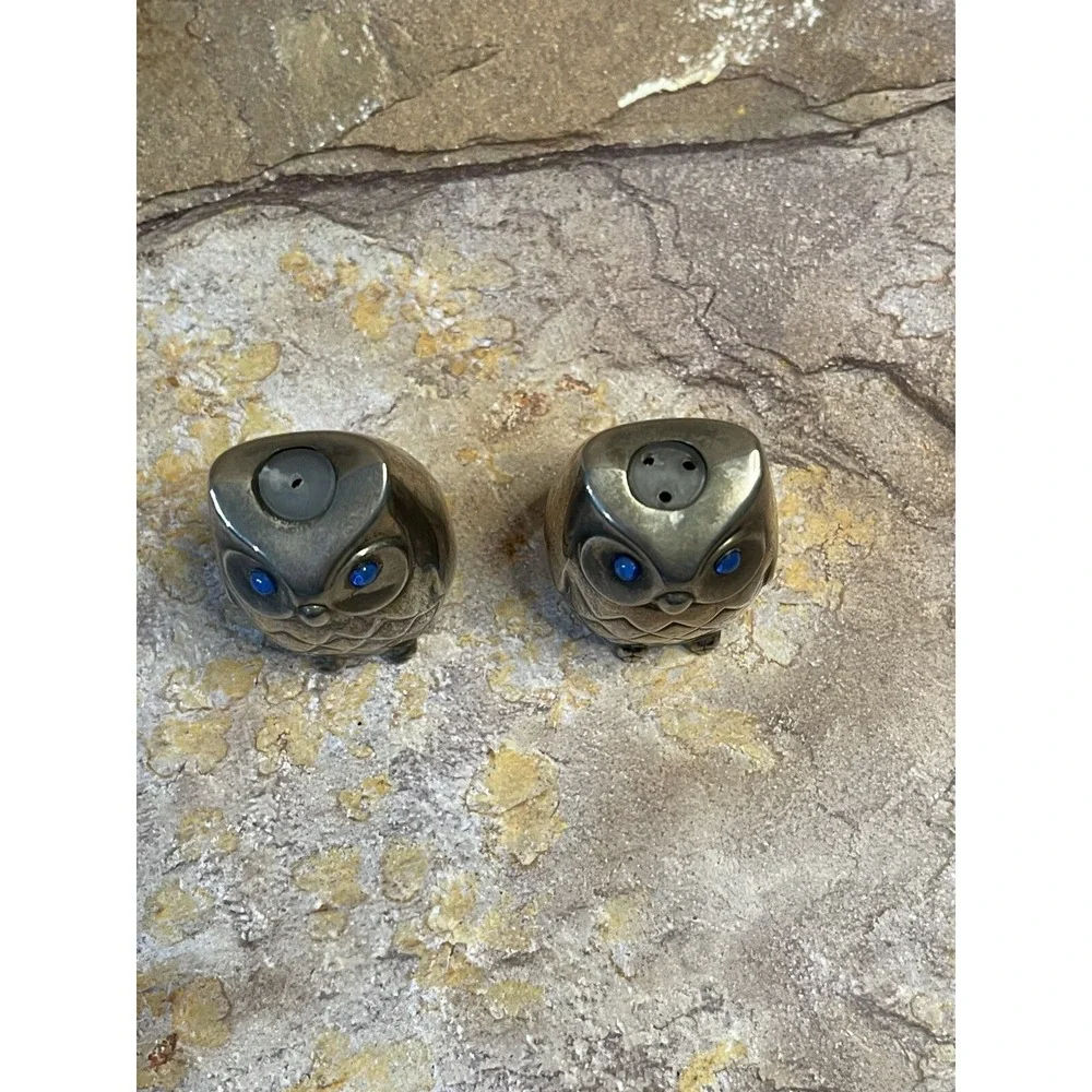 Vintage Owl Salt and Pepper Silver Plated Blue Crystal Eyes